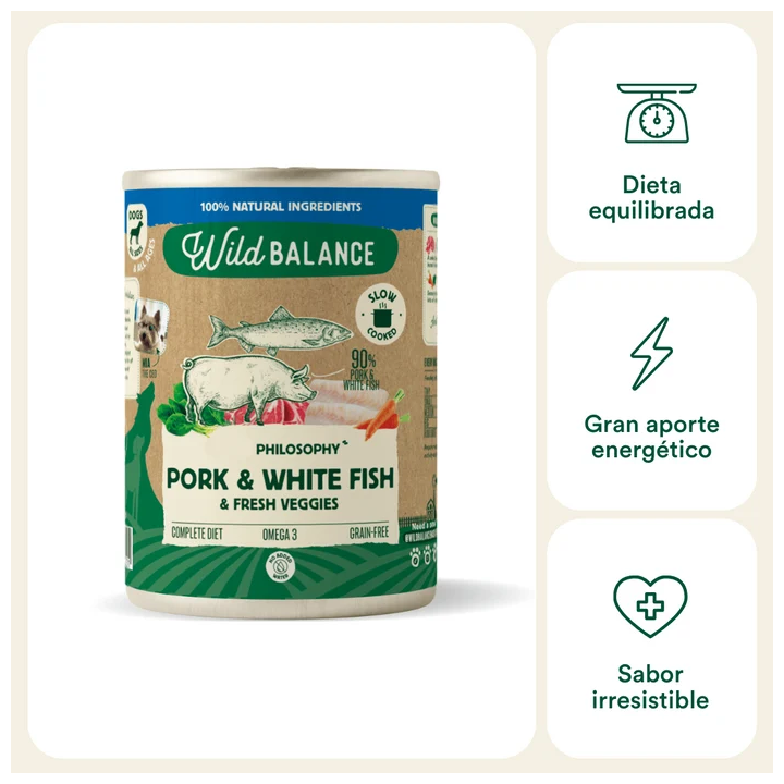Wild Balance lata filosofía Barf Cerdo y Pescado perros 400gr