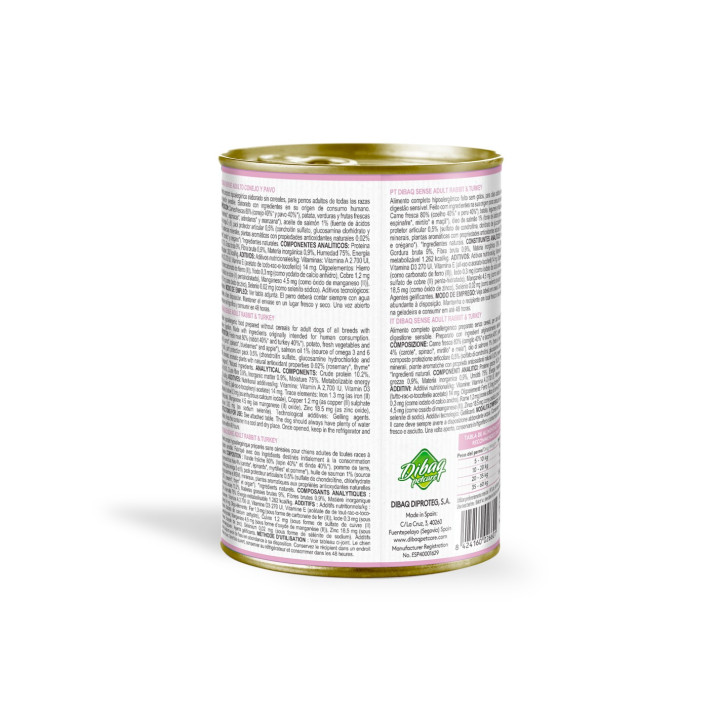 Dibaq Sense Sensitive Conejo y Pavo 380gr comida húmeda para perro